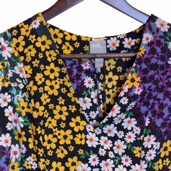 ASOS Floral Midi Dress Patchwork Ditsy Print Puff Sleeve V Neck Womens US 6 - Picture 3 of 12
